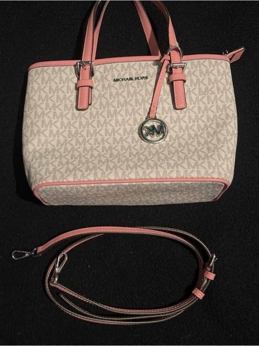Michael Kors Beige Monogram Tote with Pink Trim